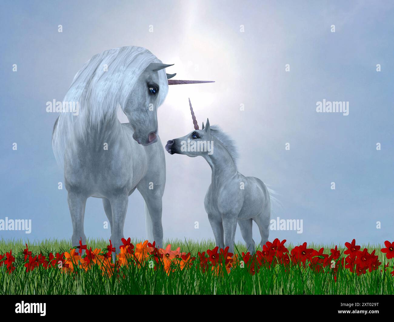 L'unicorno è una creatura mitica che ha un corpo di cavallo con corno sulla fronte e zoccoli. Una madre Unicorn mostra quanto ama il suo puledro. Foto Stock