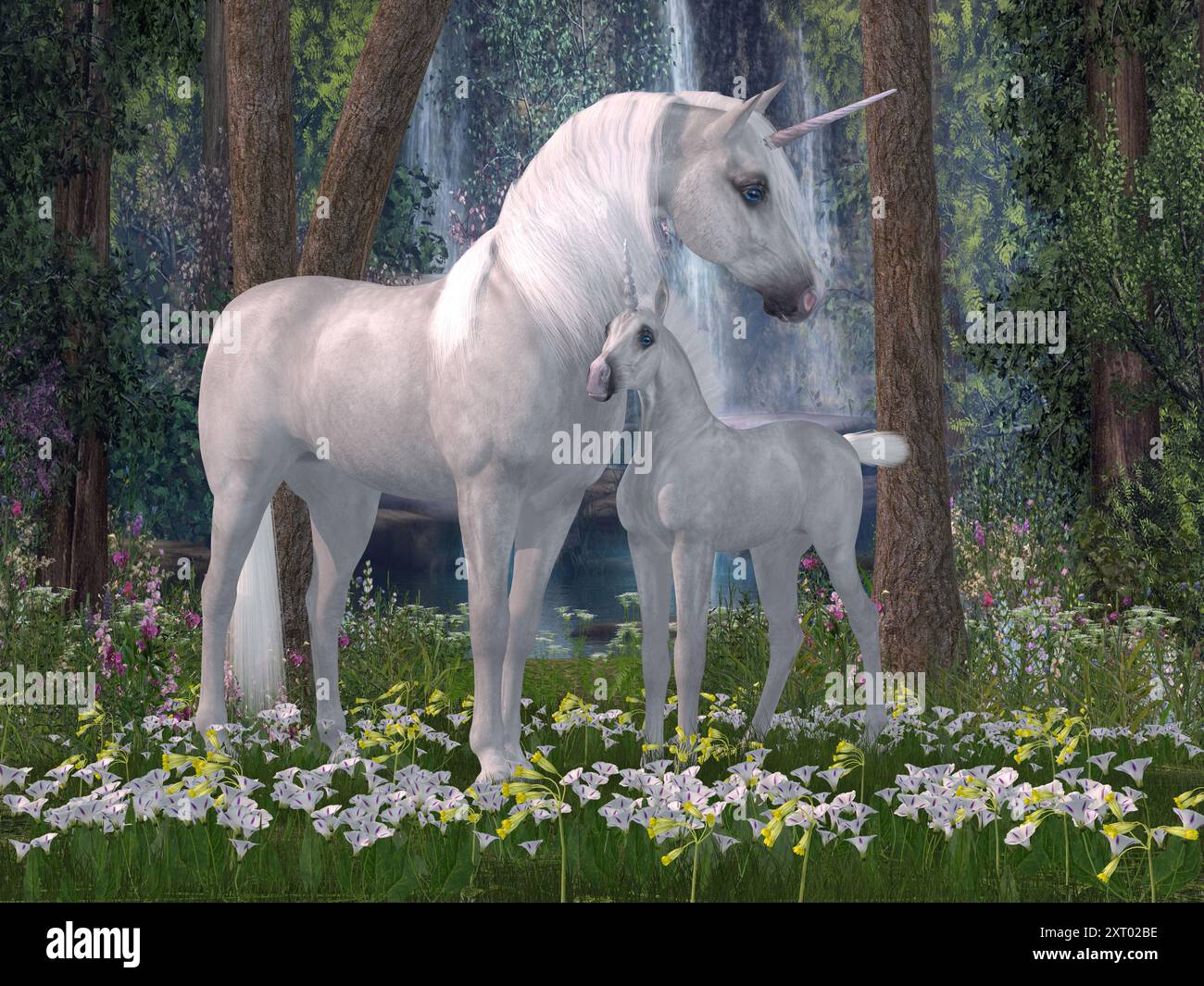 L'unicorno è una creatura mitica che ha un corpo di cavallo con corno sulla fronte e zoccoli. Una madre Unicorn mostra quanto ama il suo puledro. Foto Stock