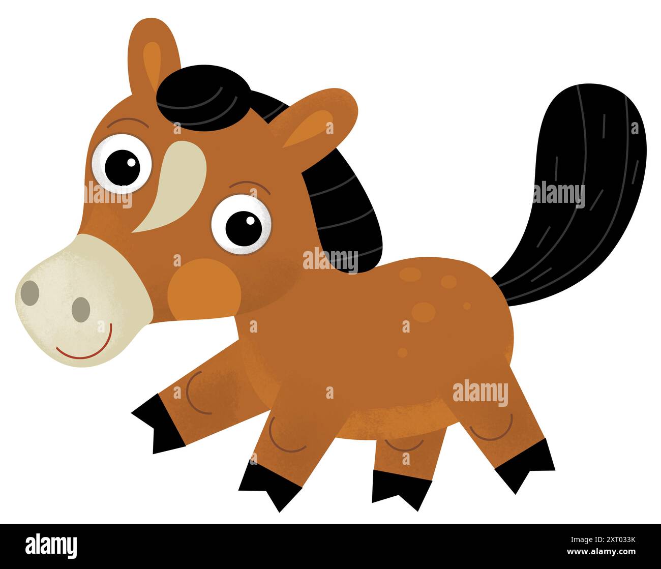 Cartone animato felice fattoria animale stallone pony illustrazione isolata per i bambini Foto Stock
