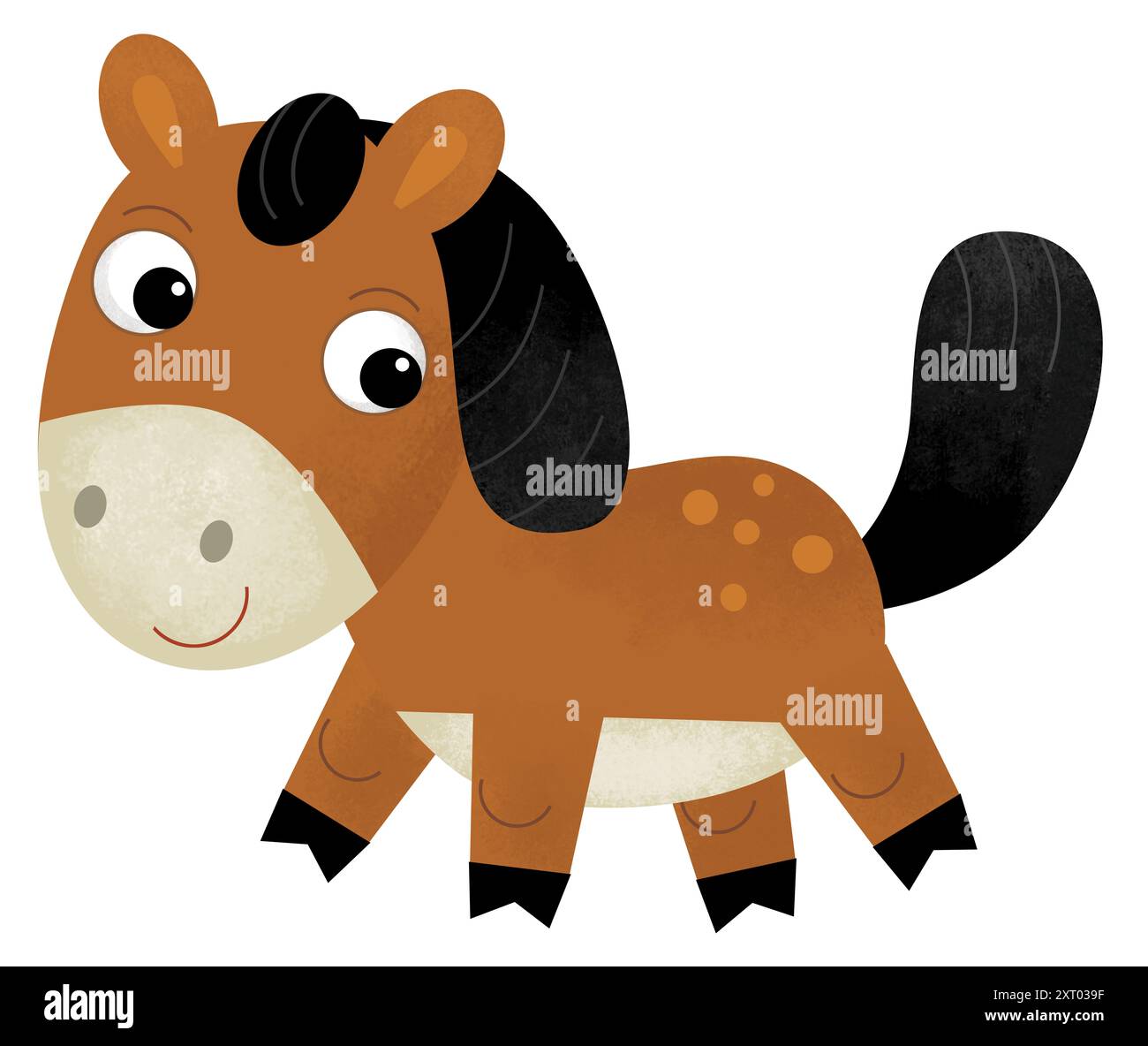 Cartone animato felice fattoria animale stallone pony illustrazione isolata per i bambini Foto Stock