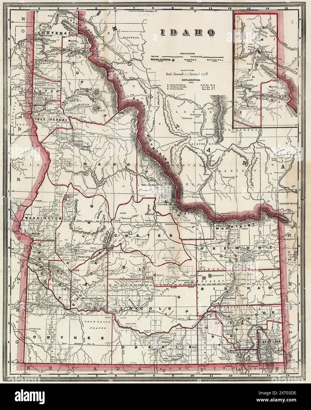 Mappa dell'Idaho circa 1898 città di Cram e mappa ferroviaria dell'Idaho Foto Stock