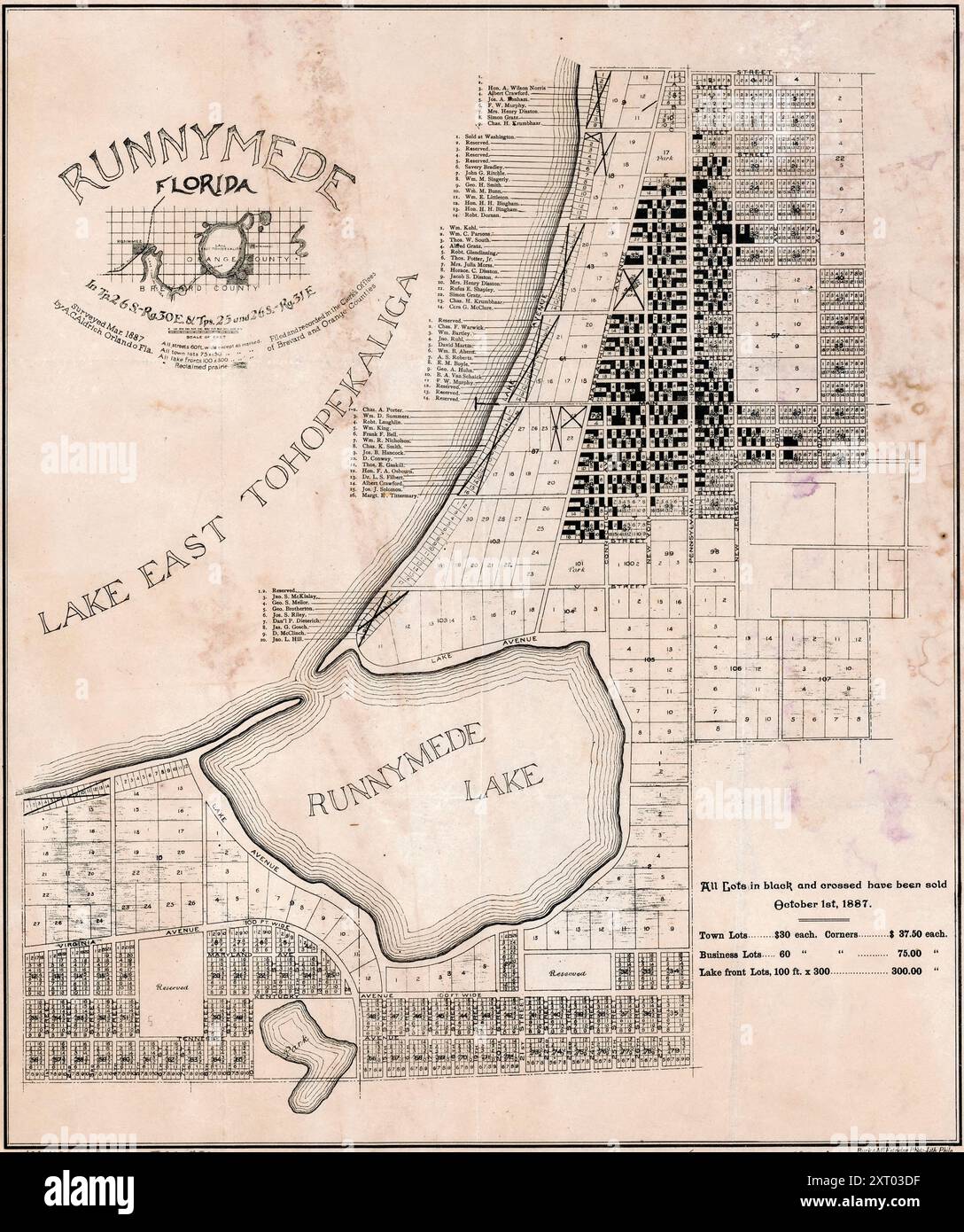 Mappa di Runnymede Florida, circa 1887 Foto Stock