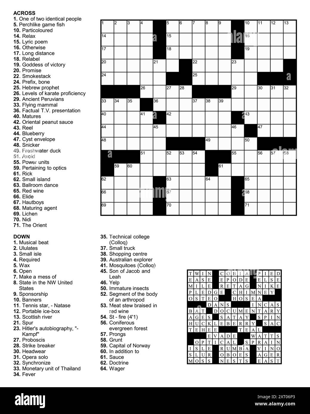 Puzzle americano Crossword con 15 x 15 quadrati con indizi e soluzione. Illustrazione Vettoriale