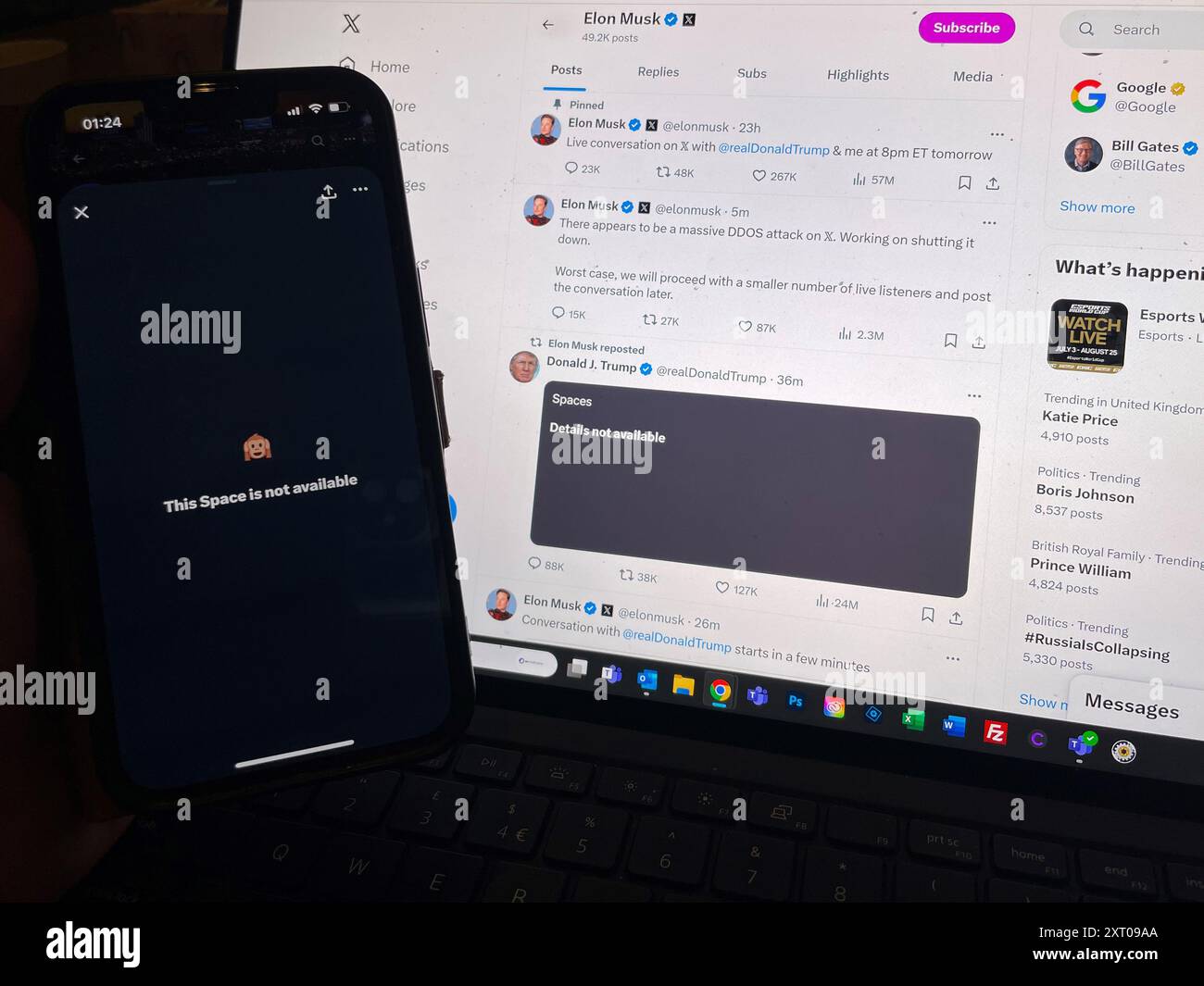 I messaggi vengono visualizzati su X (precedentemente Twitter), mostrando che l'intervista tra il proprietario del sito di social media Elon Musk e l'ex presidente degli Stati Uniti Donald Trump non è disponibile. Postando sulla piattaforma, Musk ha affermato: "Sembra che ci sia un massiccio attacco DDOS su X. che sta lavorando per chiuderlo”. Data foto: Martedì 13 agosto 2024. Foto Stock