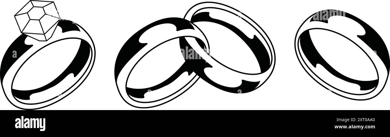Anelli di nozze collegati. Bande collegate. Sposa e sposo con anelli intrecciati. Anello di diamanti e banda nuziale semplice. Illustrazione Vettoriale
