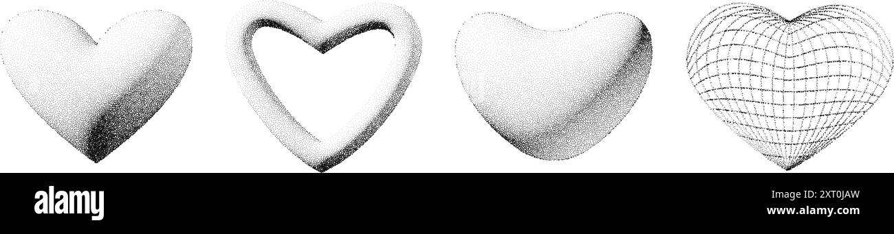 Collezione tratteggiata di forme cardiache 3D. Set cuore nero sfumato sfumato. Confezione di elementi di design grunge grana Dotwork Y2K per banner, poster, decorazioni. Fascio di forma ruvida a rumore. Vettore Illustrazione Vettoriale