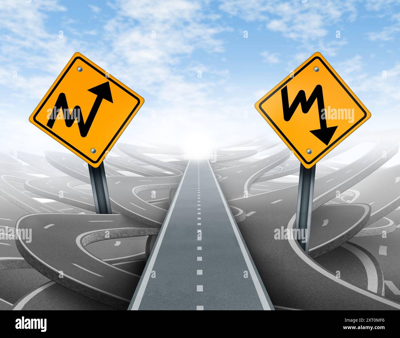 Direzione economica confusione e andamento del mercato azionario come simbolo economico di un orientamento positivo e negativo sul reddito come strategia finanziaria come percorso t Foto Stock