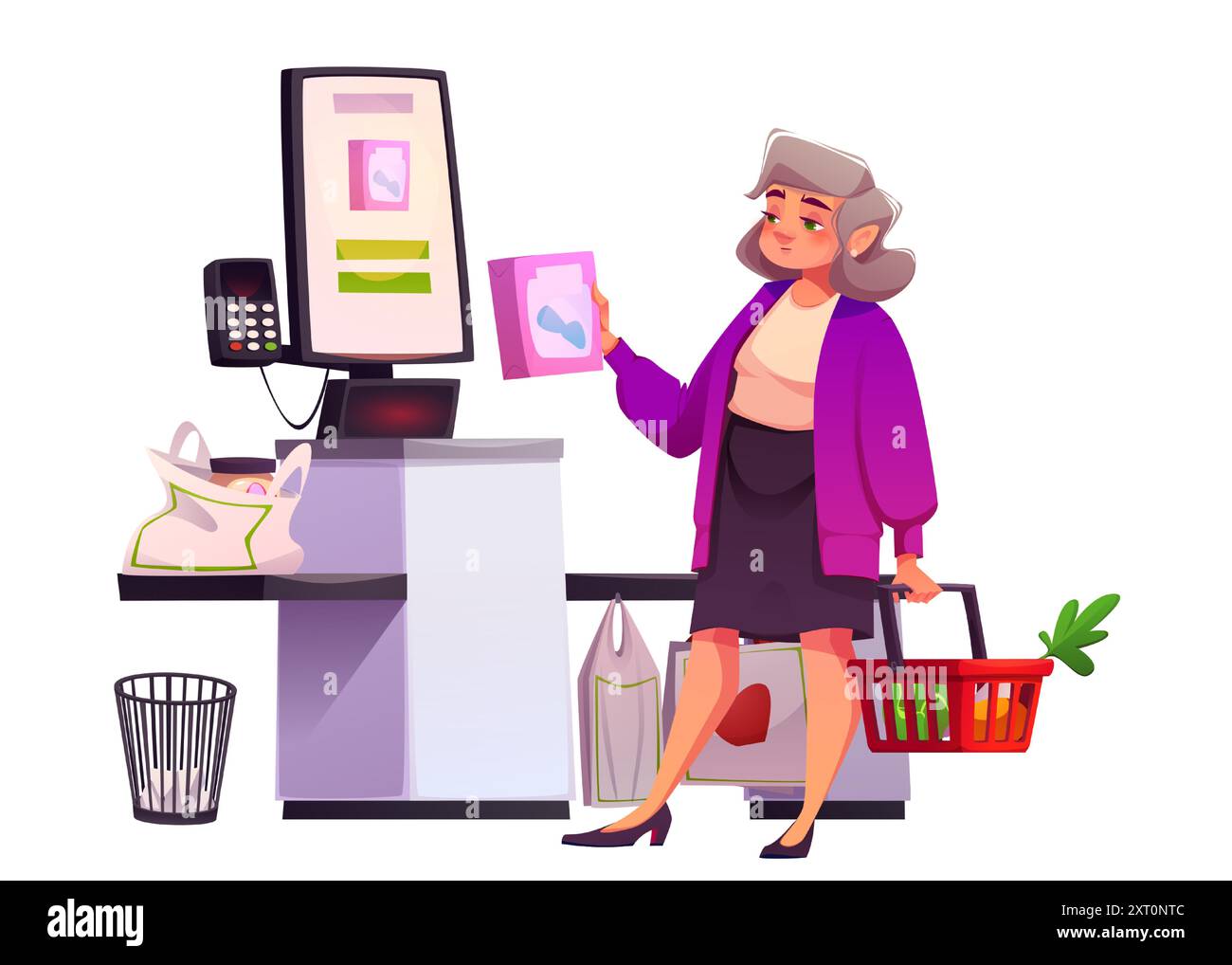 Donna che usa un chiosco self-service al supermercato. Acquirente donna adulto vettore cartoni animati con cestino con prodotti per la scansione e alimentari su una cassa automatica senza equipaggio con schermo e terminale POS. Illustrazione Vettoriale