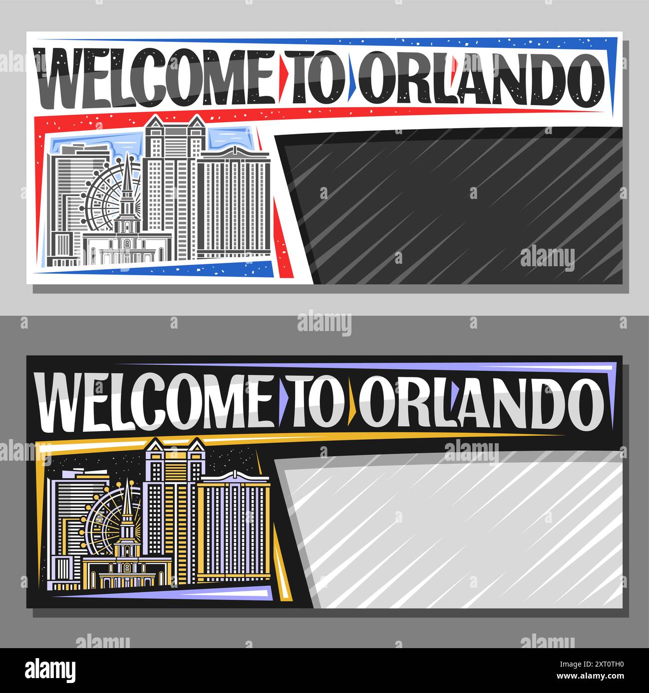 Layout vettoriale per Orlando con spazio per copia, coupon decorativo con illustrazione a linee del paesaggio americano di orlando sullo sfondo del giorno e del tramonto, arte Illustrazione Vettoriale