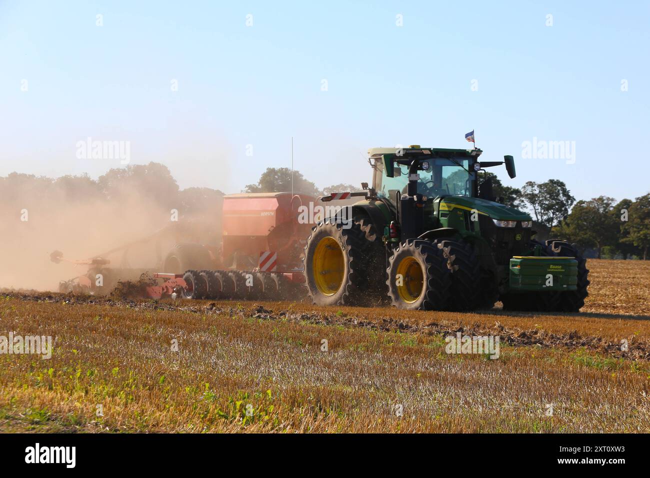 Ein Traktor ist am Montag 12.08.2024 am Ortsrand der Stadt Dargun Landkreis Mecklenburgische Seenplatte beim Drillen. Die Land- und Ernährungswirtschaft spielt nel Meclemburgo Vorpommern nach wie vor eine herausragende Rolle. Dabei Hat der Anteil der ökologischen Landwirtschaft in den zurückliegenden Jahren im Nordosten immer mehr zugenommen. Daher unterstützt das Land immer auch die Wertschöpfung im Biobereich. So stieg der Anteil der ökologisch bewirtschafteten Nutzfläche in den ersten vier Monaten um 3,311 Hektar auf 208,686 Hektar. DAS sind 16% der landwirtschaftlichen Gesamtnutzfläche im L Foto Stock