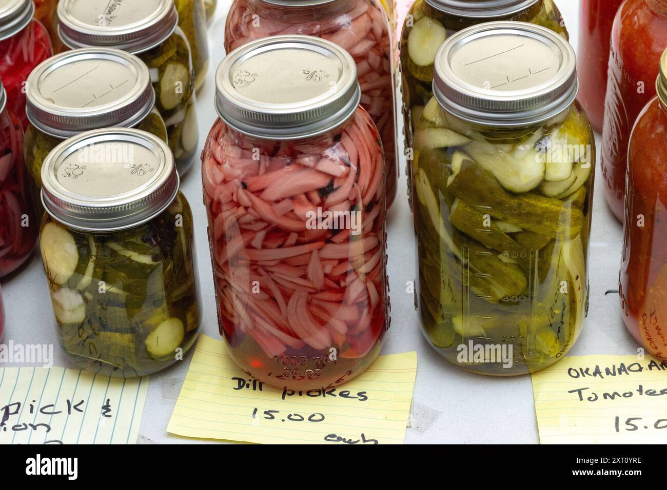 Barattoli di cipolla sottaceto e cetriolo sottaceto in un barattolo al Trout Lake Farmer's Market nella British Columbia Foto Stock