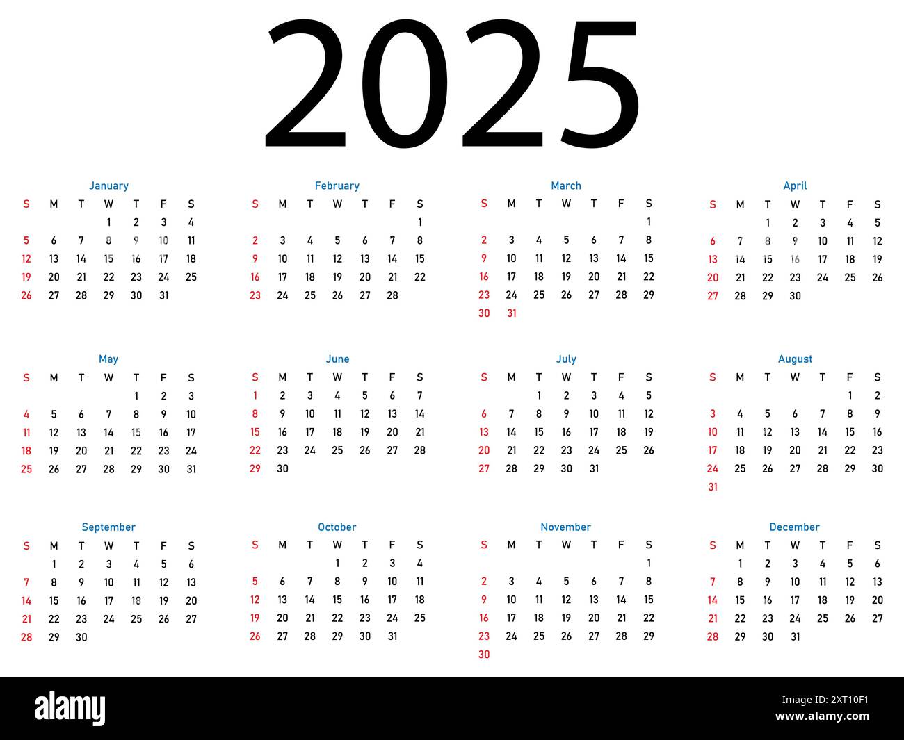 Modello di calendario per 2025 anni. La settimana inizia domenica Illustrazione Vettoriale