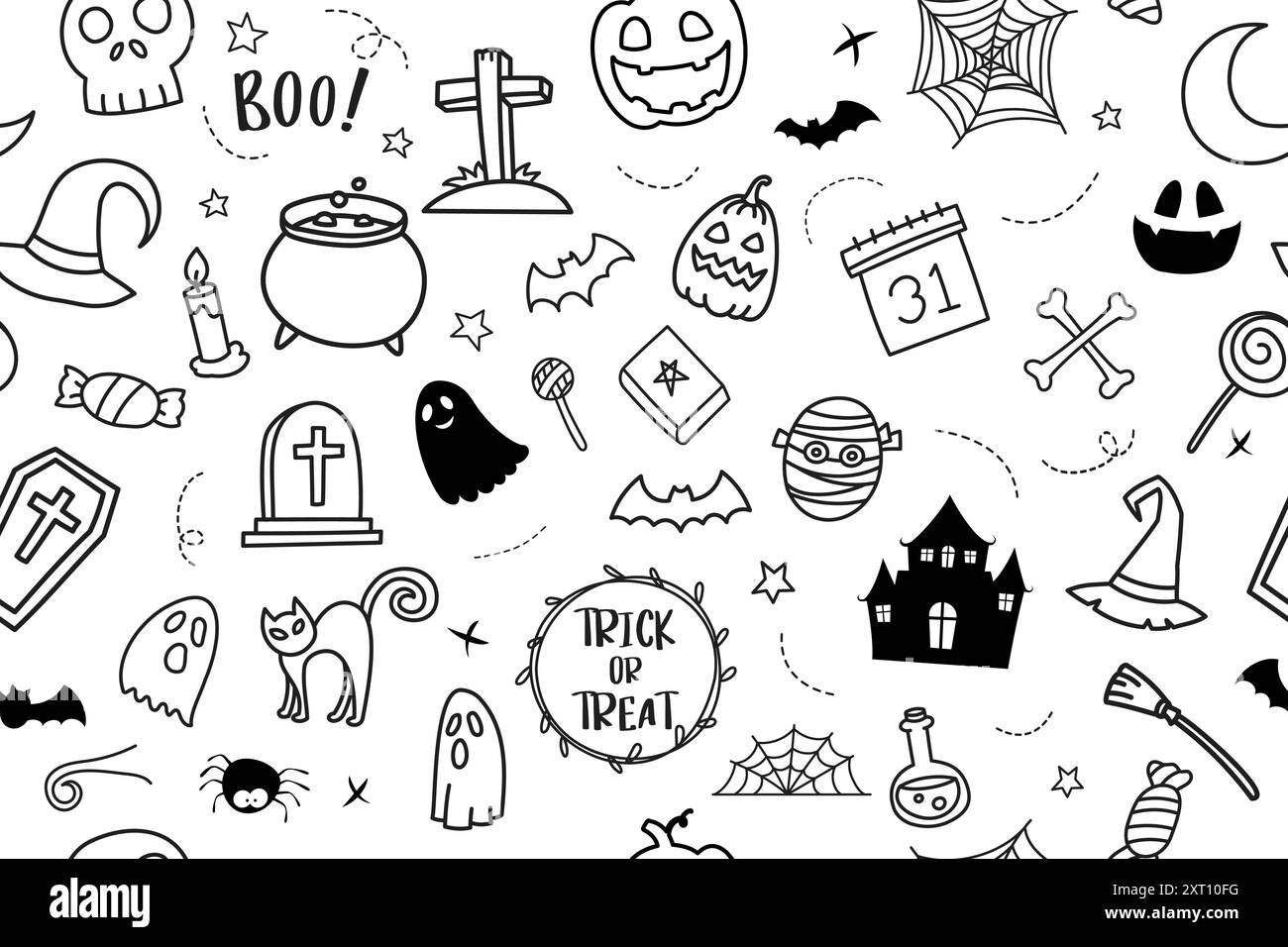 Sfondo senza cuciture con motivo disegnato a mano per Halloween. Copri lo stile doodle di halloween per un design elegante in tessuto. Illustrazione Vettoriale