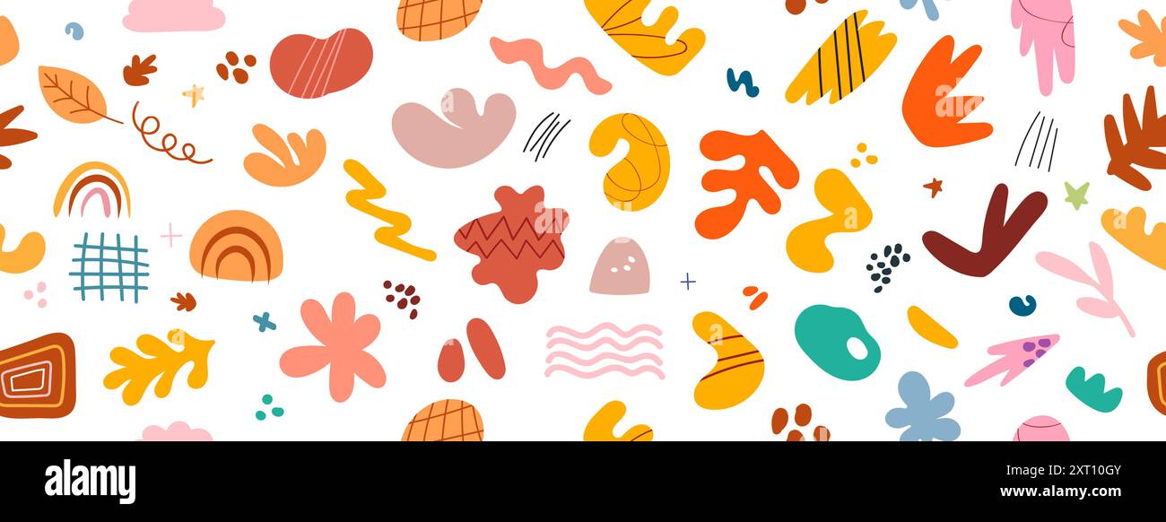 Forma astratta e simpatica per il doodle divertente disegnato a mano su sfondo senza cuciture. Illustrazione Autunno divertente per il design di motivi per bambini. Illustrazione Vettoriale