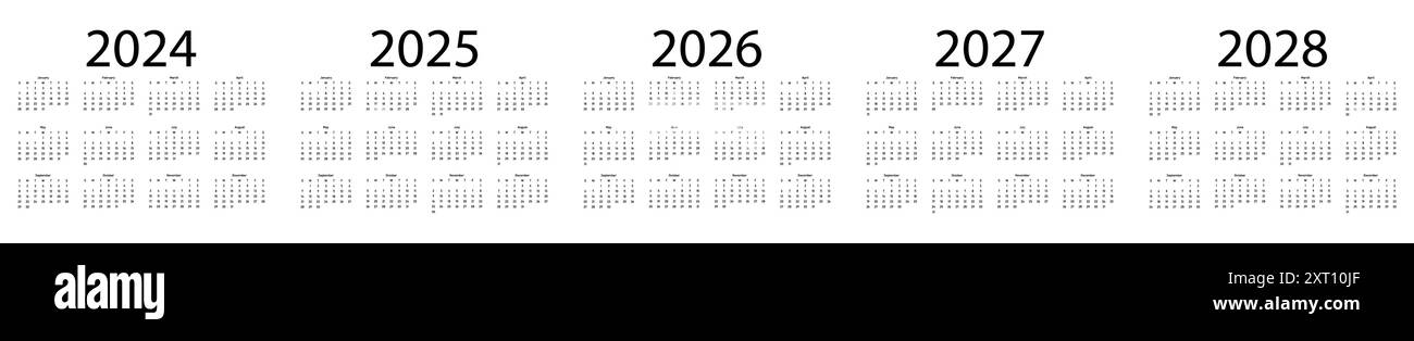 Modello di calendario impostato per 2024, 2025, 2026, 2027 e 2028 anni. La settimana inizia lunedì Illustrazione Vettoriale