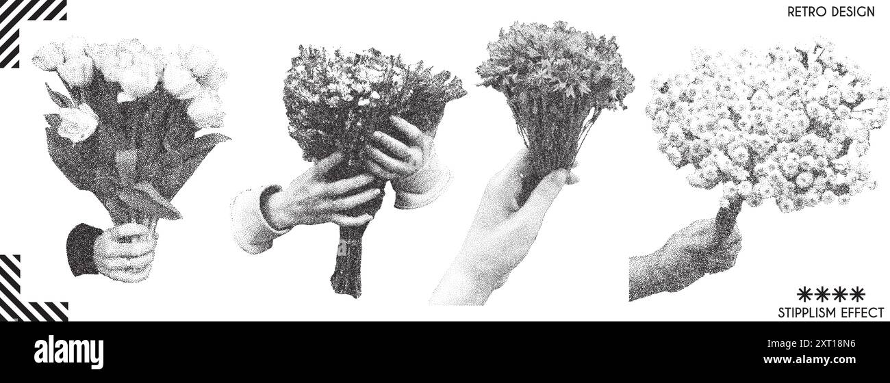Set di mani umane con bouquet di fiori con effetto fotocopia retrò. Elementi vettoriali con effetto granulosità Illustrazione Vettoriale