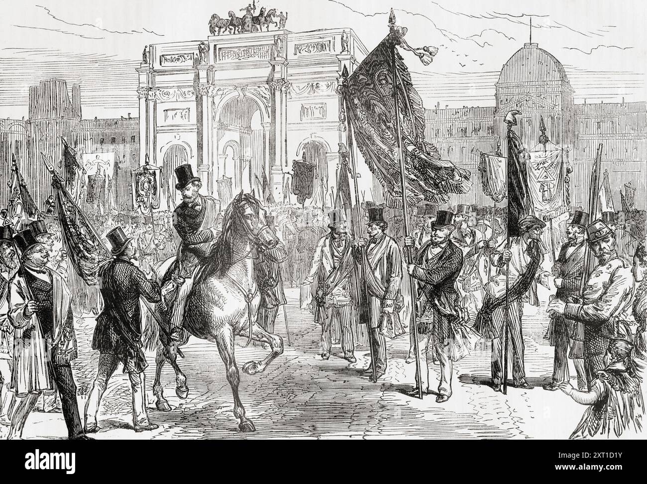 Dimostrazione dei massoni di Parigi, Francia, 1871. Diverse migliaia di membri delle logge massoniche di Parigi si riunirono dietro dozzine di bandiere per una grande manifestazione davanti alle forze di Versailles. Da Cassell's Illustrated History of England, pubblicato intorno al 1880. Foto Stock