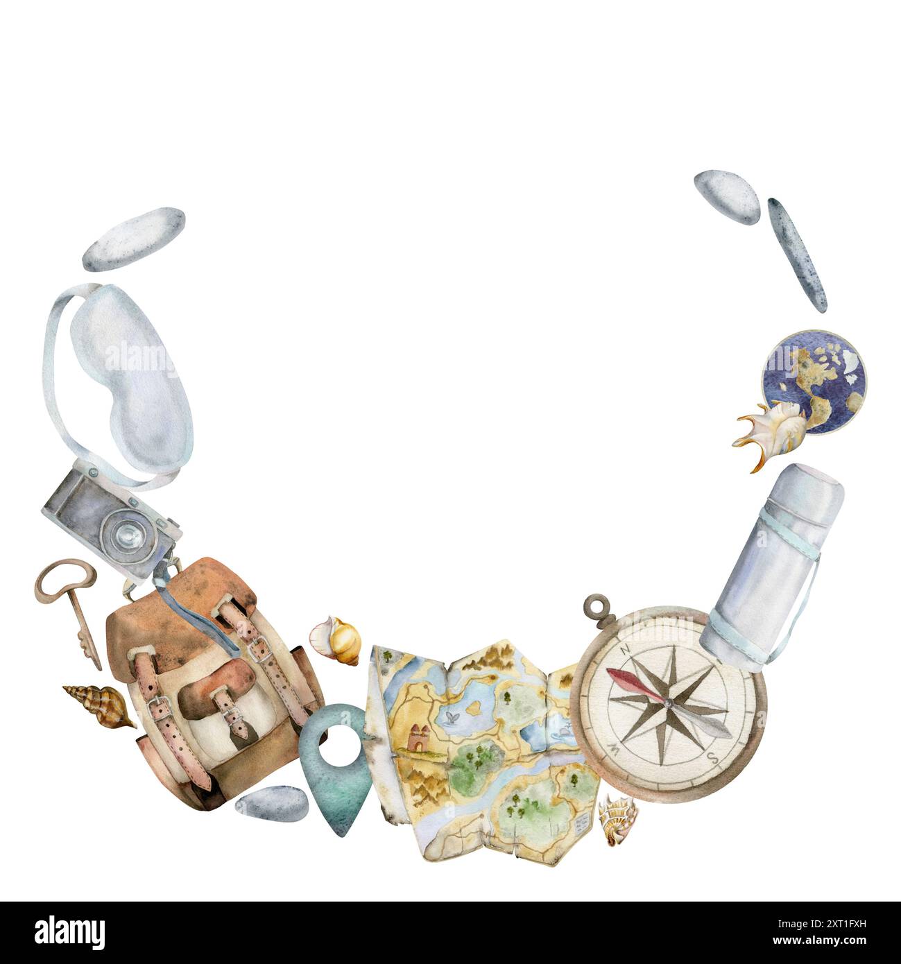 Accessori turistici, matraccio sottovuoto bussola maschera a pelo, chiave, souvenir. Illustrazione disegnata a mano con acquerello. Telaio della corona tonda. Turismo Foto Stock