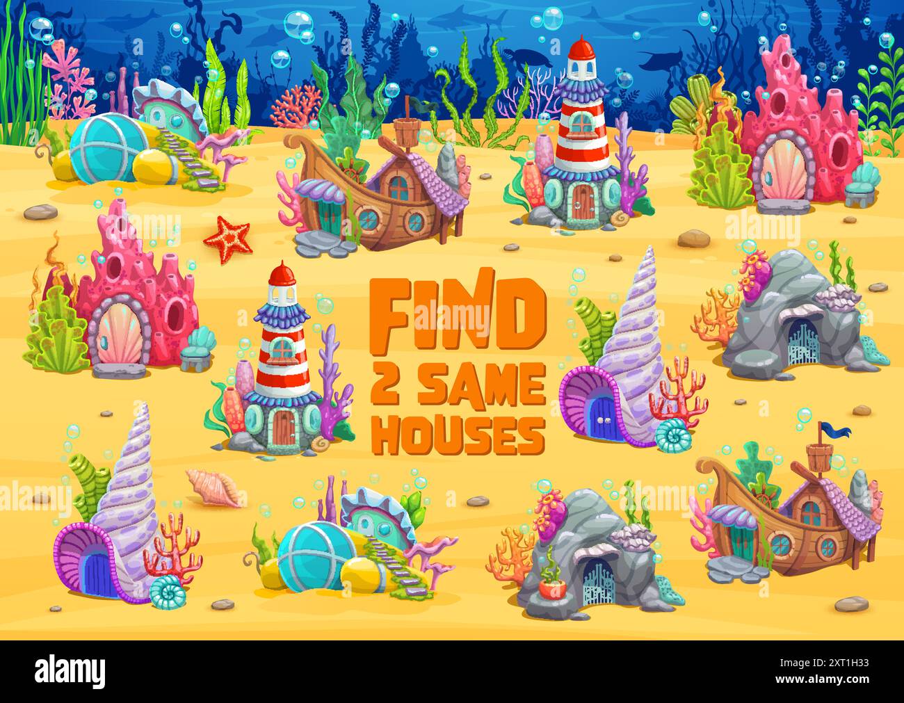 Scheda di lavoro del gioco per bambini, trova due stesse case di fiabe sottomarine, quiz di puzzle vettoriale. Cartoon boat, sottomarino, pietra e faro, conchiglie e edifici di corallo sul fondo dell'oceano Illustrazione Vettoriale
