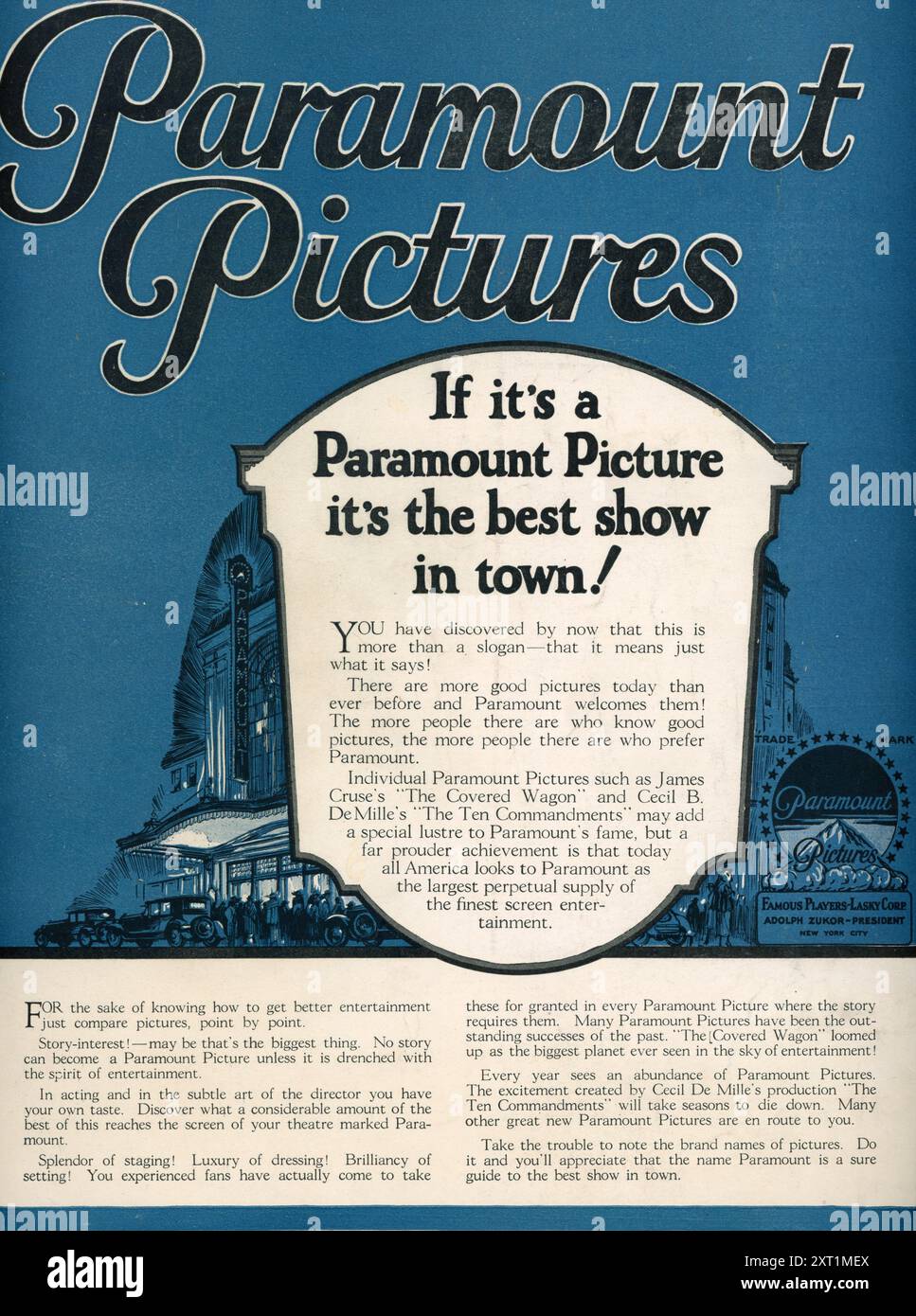 PARAMOUNT PICTURES - il miglior spettacolo in città pubblicità dalla quarta di copertina del programma / brochure per I DIECI COMANDAMENTI 1923 regista CECIL B. DeMille storia Jeanie Macpherson Famous Players - Lasky Corporation / Paramount Pictures Foto Stock