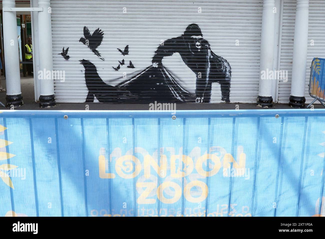 La nuova opera d'arte svelata da Banksy allo Zoo di Londra, raffigurante un gorilla che solleva un otturatore all'ingresso consentendo a un certo numero di uccelli di fuggire, mentre gli occhi di altri animali possono essere visti in agguato nell'oscurità, la nona opera d'arte della sua collezione a tema animale. Data foto: Martedì 13 agosto 2024. Foto Stock