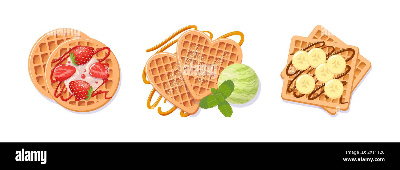 Concediti un'ampia scelta di deliziosi waffle conditi con fragole fresche, banane e gelati cremosi Illustrazione Vettoriale