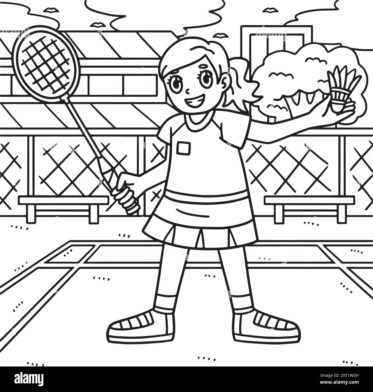 Badminton Player Racket e Shuttlecock Coloring Illustrazione Vettoriale