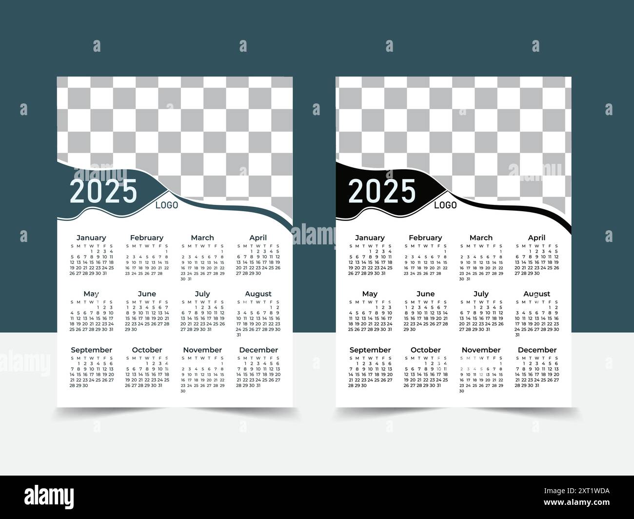 Progettazione del calendario a parete di 2025 anni con modello di calendario stampabile mensile per l'evento per l'agenzia aziendale Illustrazione Vettoriale