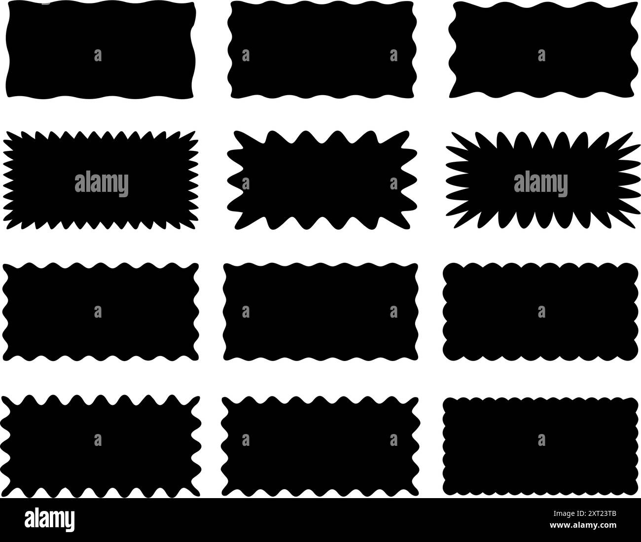 Set di cornici rettangolari con bordo zigzag. Forme rettangolari zigzag irregolari. Rettangolo frastagliato. Elementi isolati per la progettazione di caselle di testo, badge, b Illustrazione Vettoriale