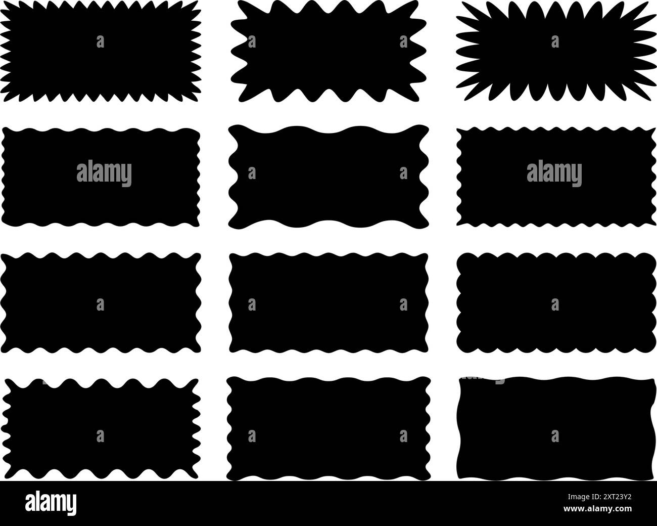 Set di cornici rettangolari con bordo zigzag. Forme rettangolari zigzag irregolari. Rettangolo frastagliato. Elementi isolati per la progettazione di caselle di testo, badge, b Illustrazione Vettoriale