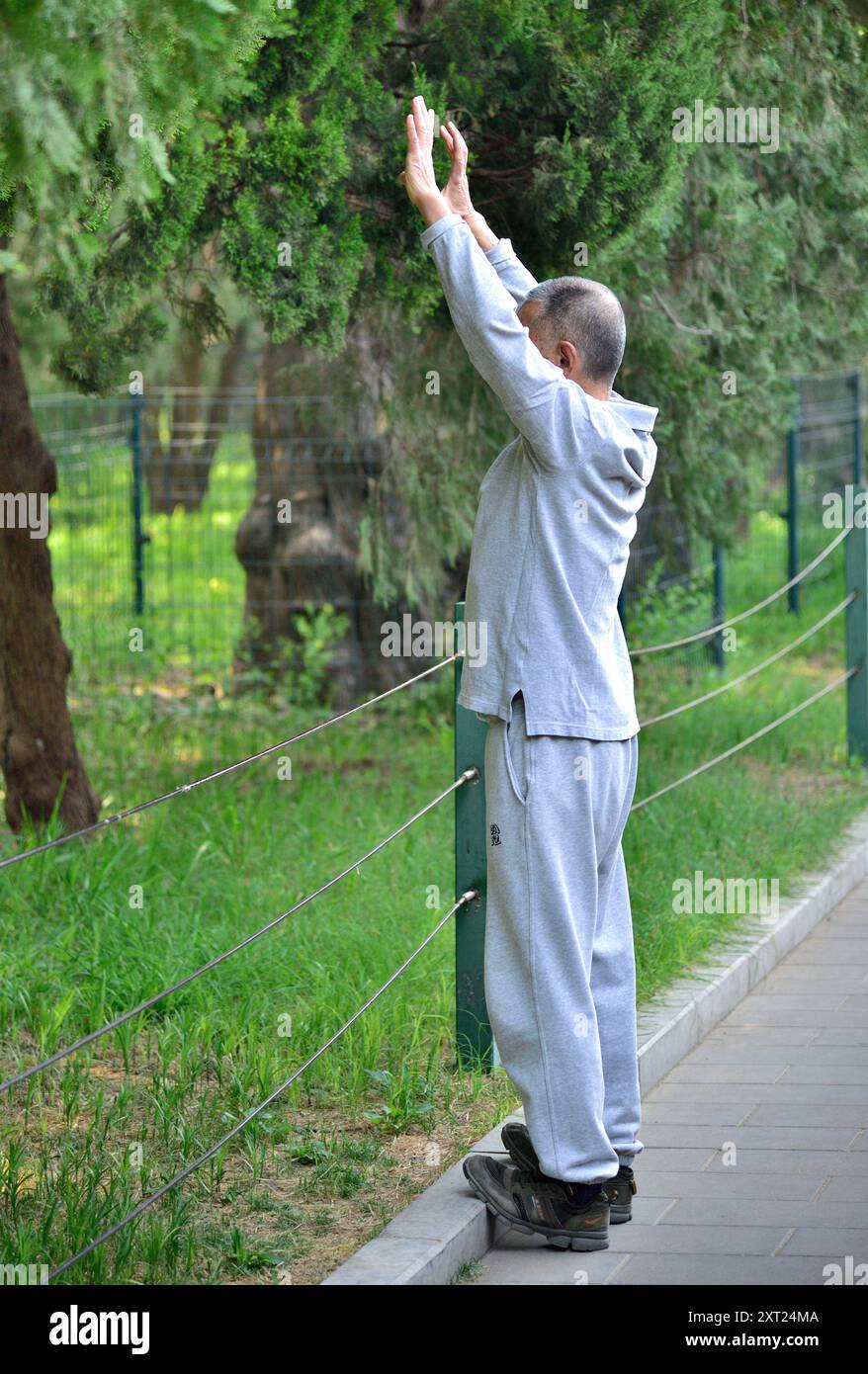 Uomo anziano che pratica tai chi in un parco, a Pechino, capitale della Cina, il 21 aprile 2024 Foto Stock