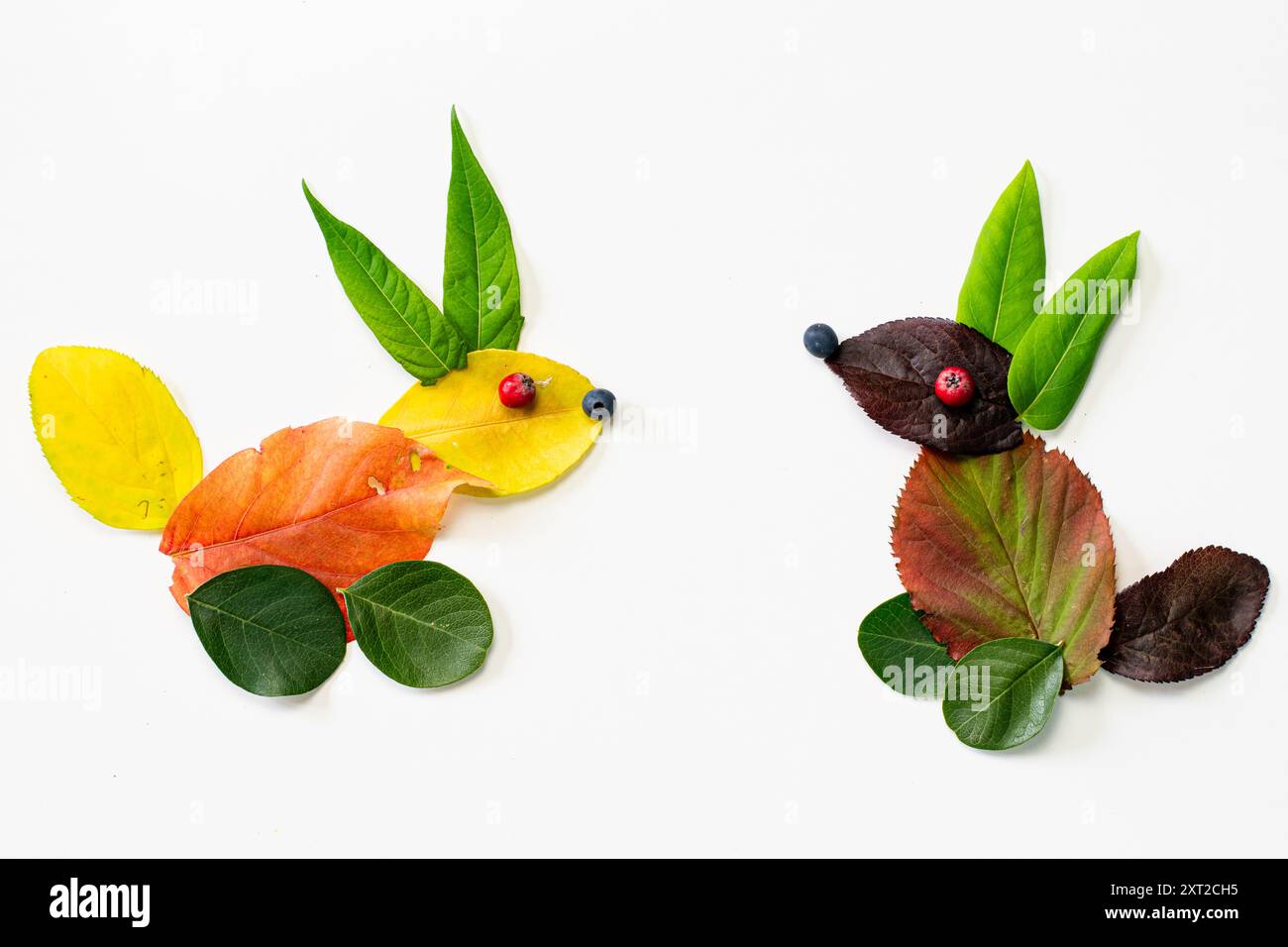 coloratissimi animali di coniglio realizzati con foglie vivide, creatività e vibrazioni autunnali Foto Stock