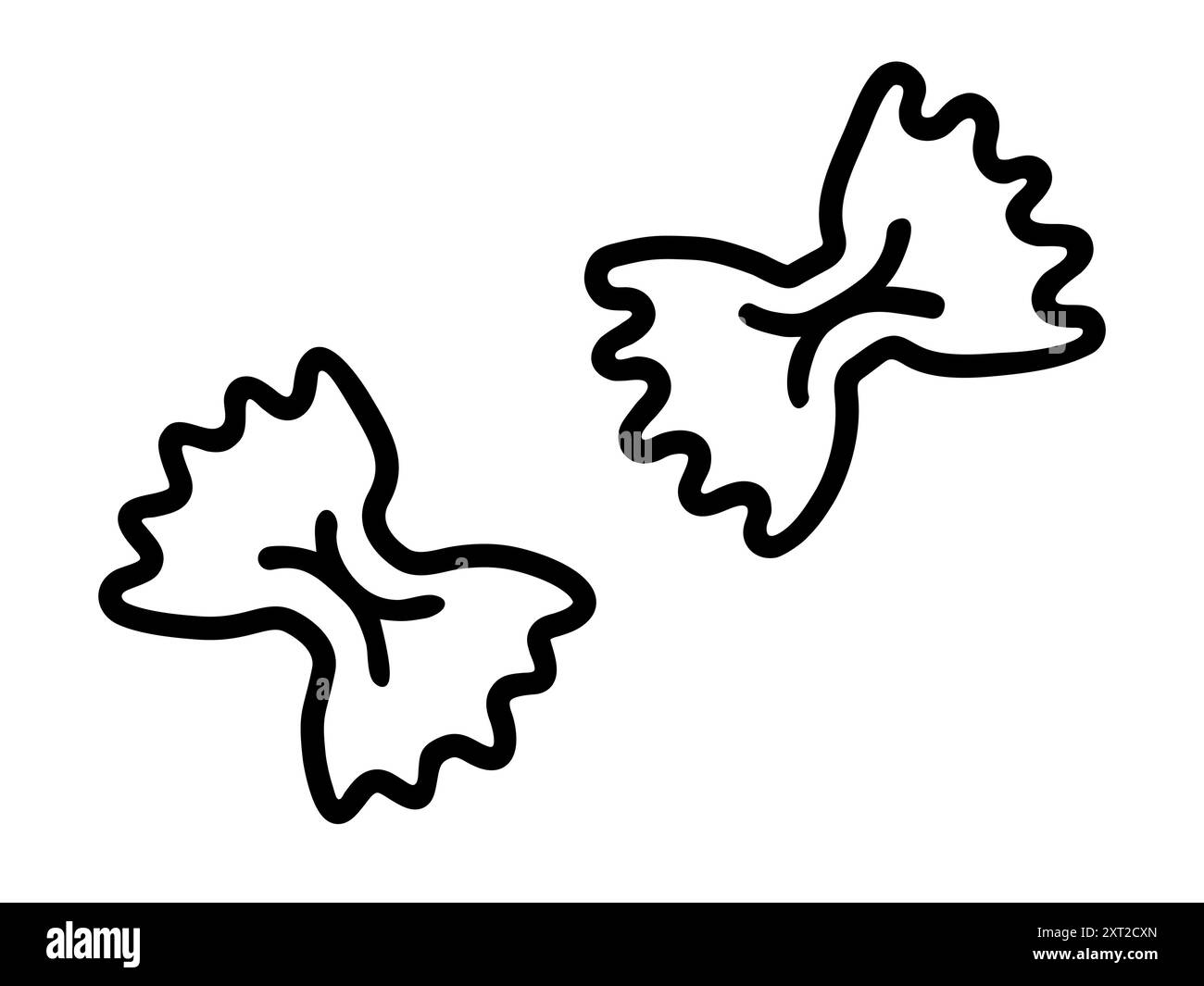 Semplice illustrazione vettoriale in bianco e nero di due forme di pasta Farfalle, disegnate con linee nere pulite su sfondo bianco. Illustrazione Vettoriale