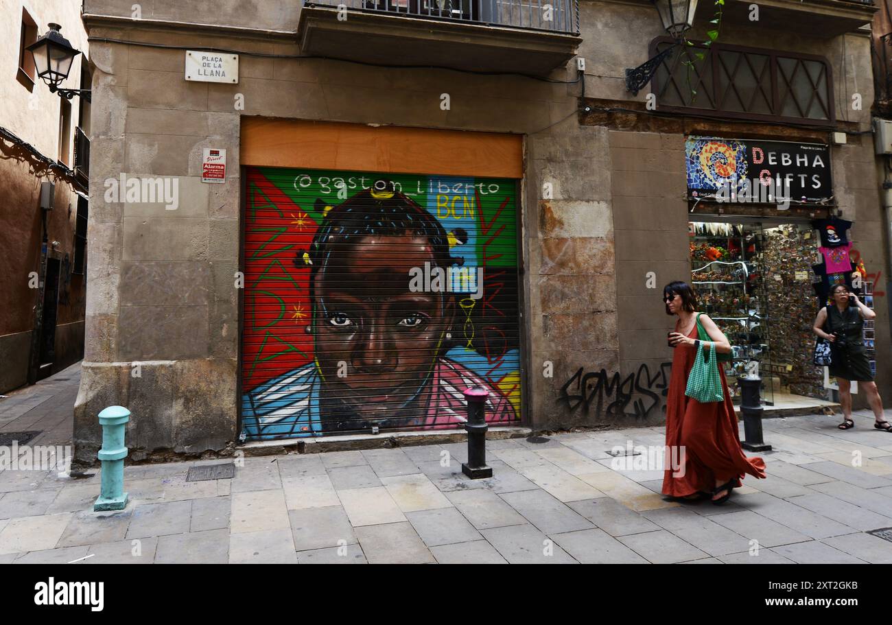 Una tapparella dipinta in Plaza de la Llana a Barcellona, Spagna. Foto Stock