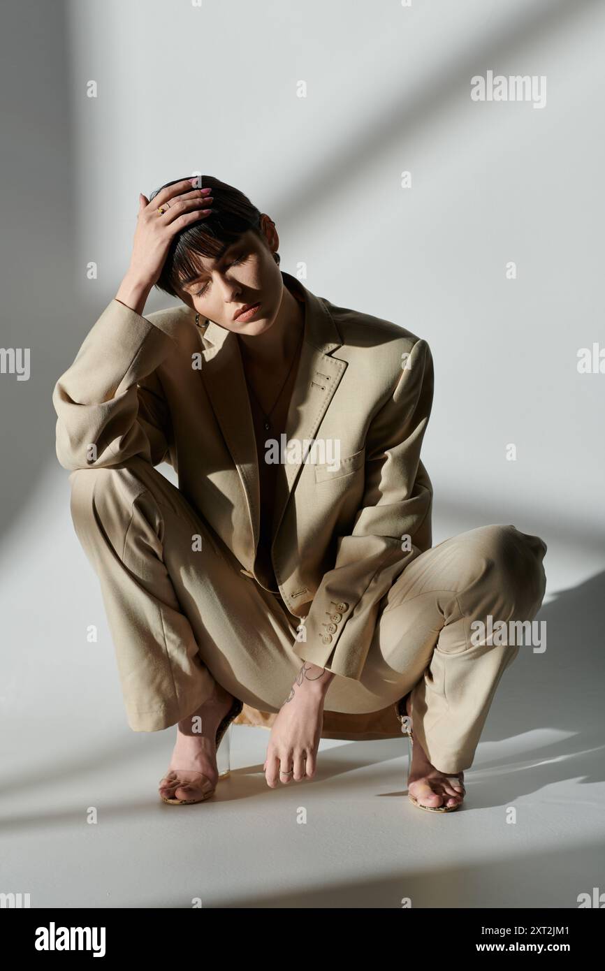 Una donna con un abito abbronzato si siede con le gambe incrociate davanti a uno sfondo bianco. Foto Stock