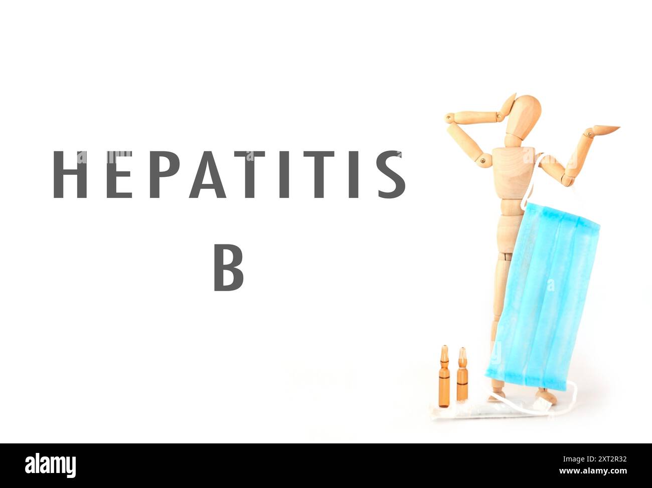 Un uomo sta tenendo un panno blu sulla faccia. Quell'uomo indossa una maschera. L'immagine si chiama epatite B. Foto Stock