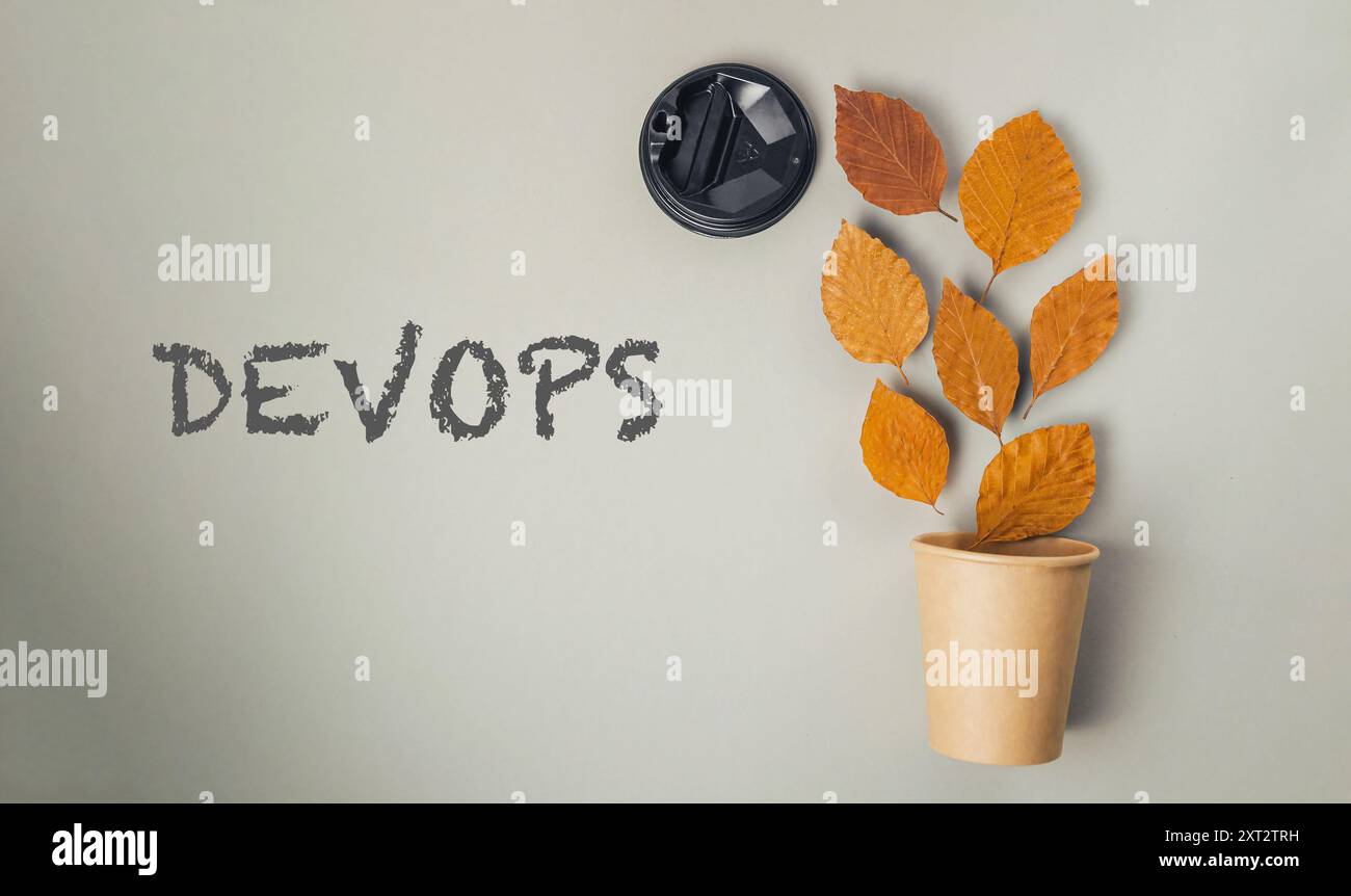 DevOps è un concetto che coinvolge lo sviluppo e la distribuzione di software. Una pianta in vaso con foglie e una tazza, con la parola DevOps scritta in una Foto Stock