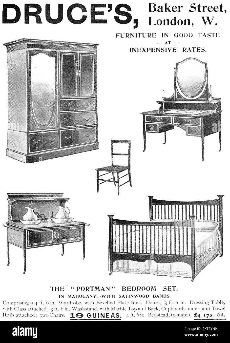 Druce's: Baker Street, London, W. - arredamento di buon gusto a prezzi economici, 1909. IL SET DA CAMERA "PORTMAN". IN MOGANO, CON BANDE IN LEGNO SATINATO. Comprende un 6 poll. Guardaroba, con porte in vetro con piastra smussata; 1,8 m 6 poll. Spogliatoio, con vetro attaccato; 3 piedi 6 poll. Lavastoviglie, con parte superiore e posteriore in marmo, armadi sotto e portasciugamani attaccati; due sedie 19 GHINEE. 4 piedi 6 pollici Letto abbinato, &#xa3;4 17S.. 6d. Catalogo illustrato...". Da "Illustrated London News", 1909. Foto Stock