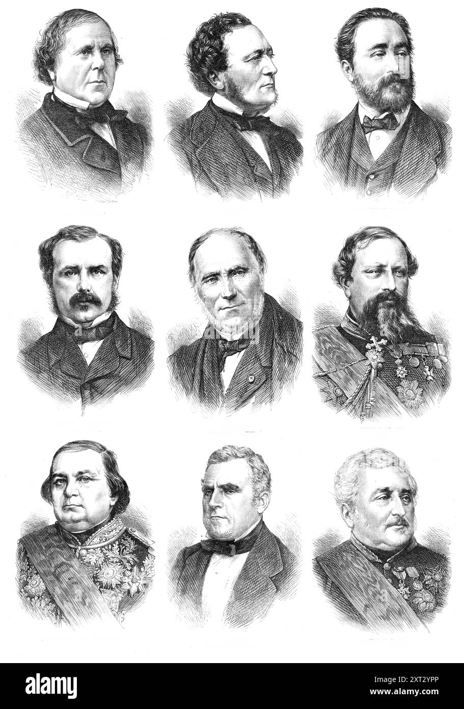 Il nuovo ministero francese, 1870. "M. Segris (istruzione pubblica); M. buffet (finanza); M. Maurice Richard (Belle Arti); Marchese de Talhouet (opere pubbliche); M. Louvet (commercio e agricoltura); generale LeBoeuf (guerra); Ammiraglio Rigault de Genouilly (Marine); M. Parieu (Presidente del Consiglio); Marshal Vaillant (Casa Imperiale)". Da "Illustrated London News", 1870. Foto Stock