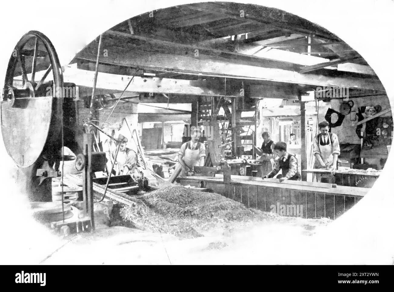 Un angolo delle cabine: Macchine per la lavorazione del legno, 1909. Baxendales in Miller Street, Manchester. "La grande casa di vendita intera di Baxendale and Co. È allo stesso tempo un'azienda mercantile e manifatturiera...[it] produce o fornisce i commerci al dettaglio con [quasi] ogni requisito, necessità o lusso, sia per la casa privata, impresa industriale, o municipalità...Baxendales sfida la descrizione per la sua meravigliosa varietà e completezza...gli show-room [sono] pieni di tutto ciò che è meglio e più nuovo in fatto di mobili, vetreria, argenteria, viali di suite, Foto Stock