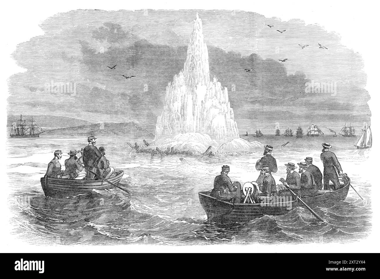 Far esplodere il relitto del vello d'oro nel Canale di Bristol, 1870. Incisione di uno schizzo del tenente C. E. Turner, R.E., di '...le operazioni che sono state ultimamente effettuate da un gruppo di Royal Engineers nel mare vicino al porto di Cardiff. Il vello d'oro era un piroscafo di ferro... carico di 2200 tonnellate di carbone. Affondò al largo di Sully Island, a circa sei miglia da Cardiff, dove aveva preso il suo carico di carbone, all'inizio di settembre dell'anno scorso. Essendo stato considerato un grande ostacolo alla navigazione, l'applicazione è stata fatta dal Consiglio Trinity alla Scuola di ingegneri militari Foto Stock