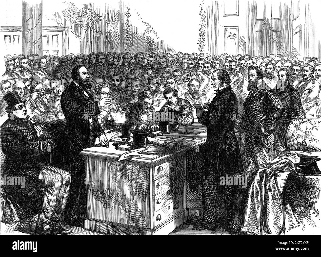 Educazione nazionale: Delegazione al primo ministro, [Londra], 1870. "Il primo ministro [William Ewart Gladstone]...ha ricevuto due delegazioni la scorsa settimana... in rappresentanza delle due associazioni rivali, chiamate National Education League e National Education Union... la delegazione [della National Education League] contava circa 400 persone [cioè uomini], e le stanze erano densamente affollate. Una seconda delegazione, di ministri gallesi dissenzienti da una conferenza tenutasi in Galles, seguì lo stesso giorno; e sabato il signor Forster, presso il Privy Council Office, ne ricevette una dall'Unione Congregazionale Foto Stock