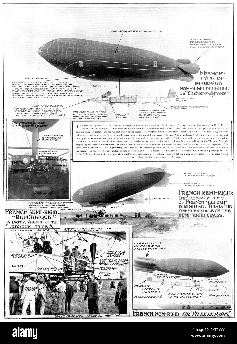 Rigido o non rigido?: The Great War-Ships of the Air, 1909. Diagrammi dei dirigibili francesi. Clement-Bayard, Lebaudy, R&#xe9;publique e Ville de Paris. I dirigibili non rigidi Clement-Bayard e Ville de Paris '...sono dotati di sacche di gas flessibili da cui le auto vengono sbattute da cavi, sono privi di molti dei gravi svantaggi che derivano dalla sospensione di un'auto in modo allentato da una mongolfiera a forma di sigaro, e cercando di forzare l'intera massa attraverso l'aria ad alta velocità". Da "Illustrated London News", 1909. Foto Stock