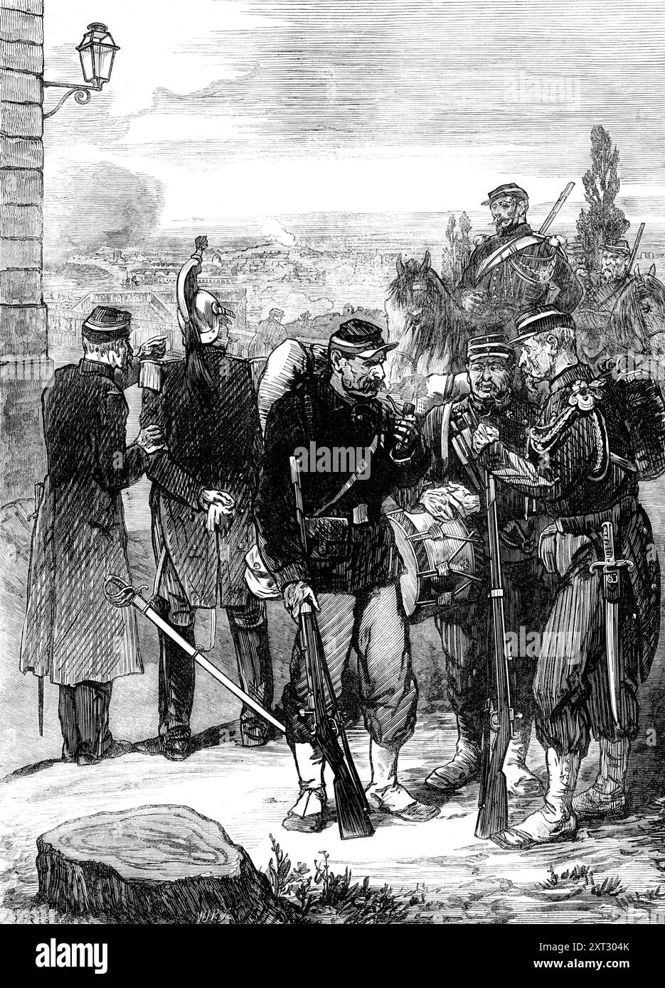 Gendarmi francesi e sergenti di ville a Meudon, 1871. "Si ricorderà che nel prolungato conflitto tra le forze dell'Assemblea nazionale di Versailles e quelle della comune di Parigi, che imperversava fuori le mura di Parigi quasi due mesi prima dell'entrata, il corpo dei Gendarmi e i Sergenti di Ville armati, di solito impiegato per la polizia, ha reso il servizio più prezioso sul campo. Un'illustrazione delle figure che hanno fatto mentre si rilassavano nel villaggio suburbano di Meudon è stata disegnata in quel momento da uno dei nostri artisti speciali... il gruppo di tre uomini nell'allegro Foto Stock