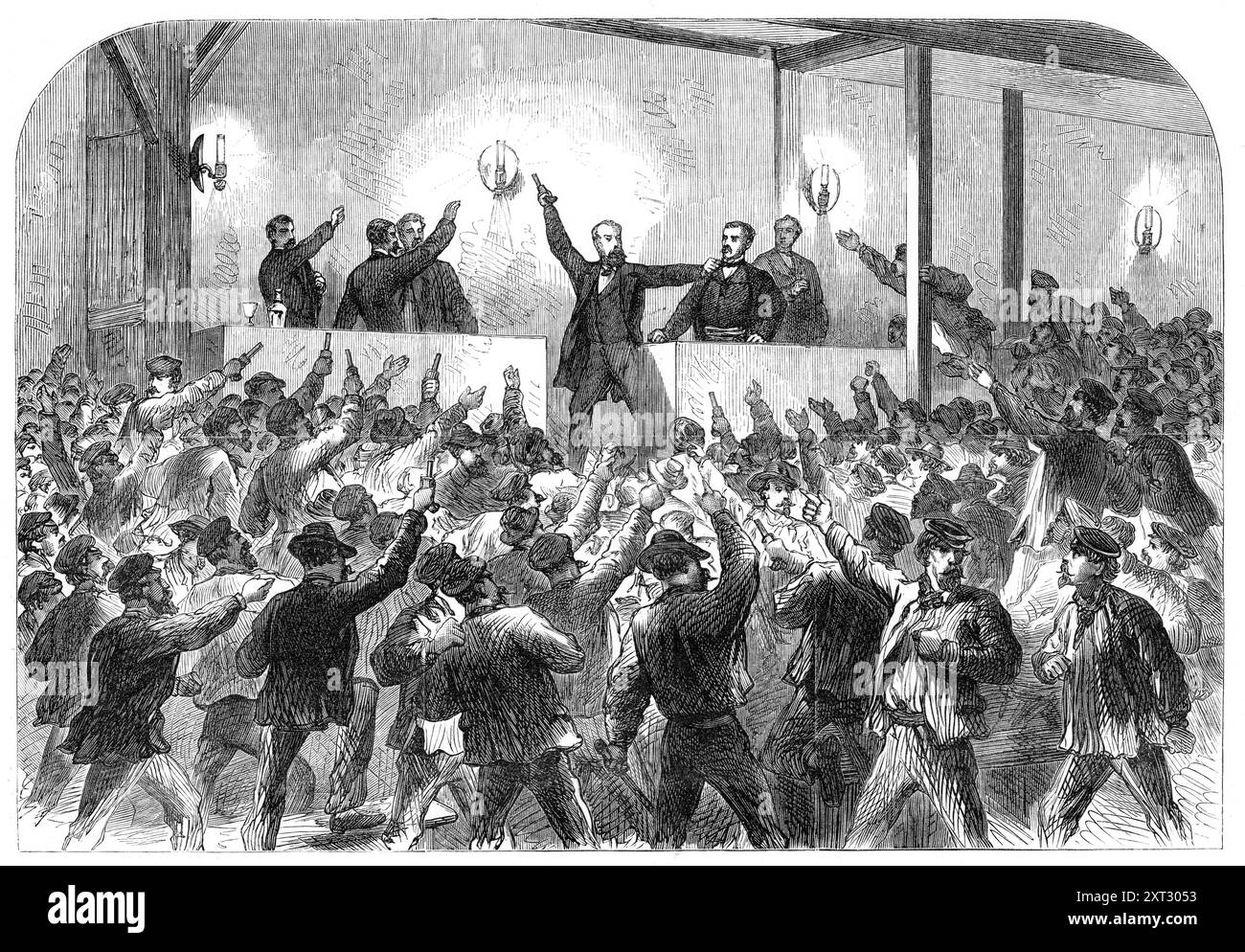 I disordini a Parigi: M. Flourens proclamò la repubblica, 1870. M. Gustave Flourens era il presidente della riunione. Annunciò l'arresto del suo amico [Henri Rochefort] e, brandendo un revolver e una spada - estratta da un bastone di spada - esortò la gente a disarmare i sergenti-de-ville e a fare il loro dovere. Allo stesso tempo proclamò la Repubblica in permanenza e mise in arresto il commissario di polizia nominato per assistere alla riunione. Costrinse questo funzionario ad accompagnarlo nel suo progresso attraverso Rue de Flandres e Rue de la Villette. Fino al ri Foto Stock