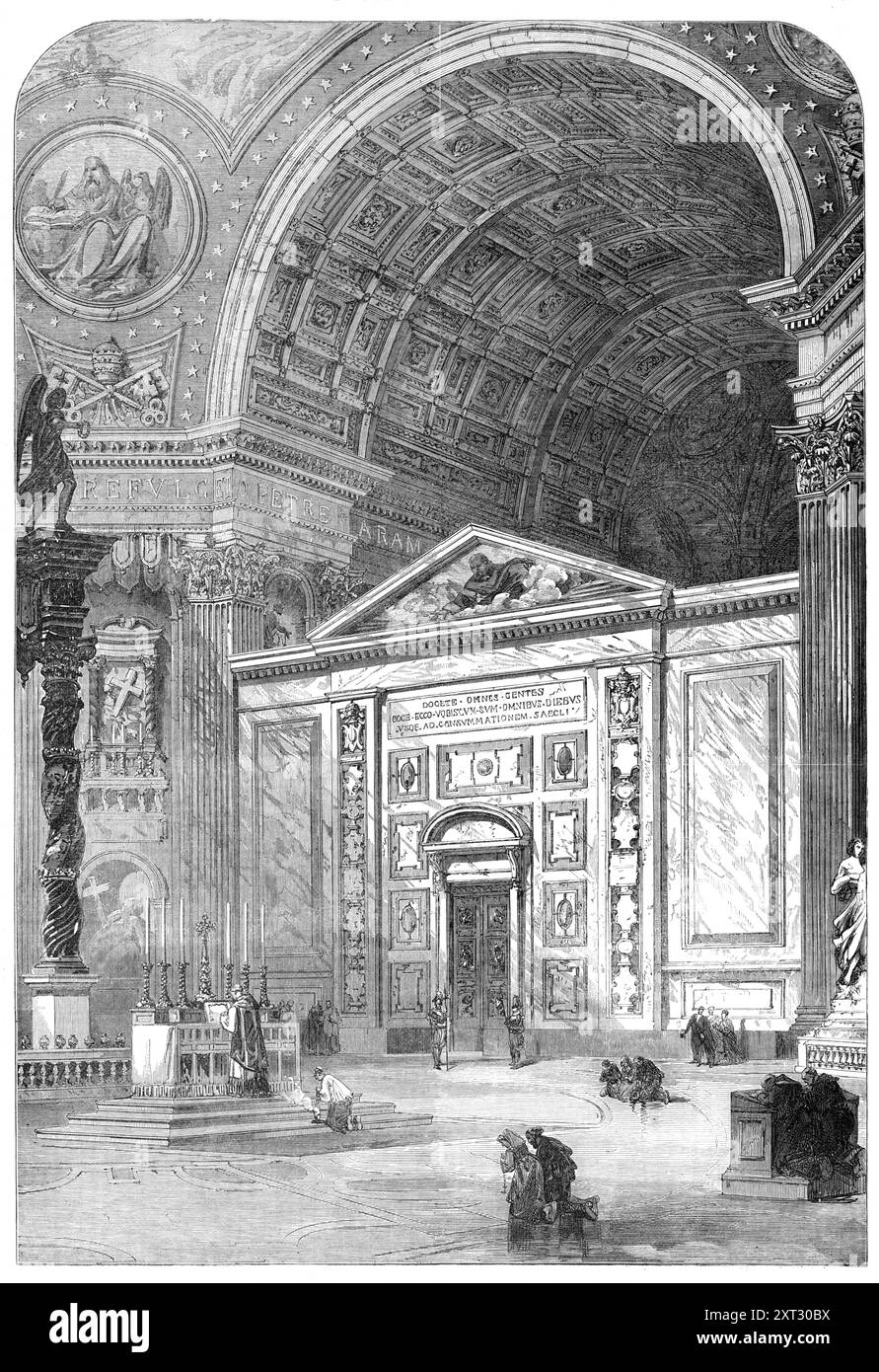 Concilio ecclesiastico a Roma: Transetto sud di San Pietro, organizzato per le cerimonie di apertura, 1870. "L'arco che carica sulla Cappella del Sacramento era l'unico sul lato nord che non era nascosto. L'ultimo arco era incastonato con un paravento di legno, con una porta che costituiva uno degli ingressi della sala del Consiglio...lo schermo, anche se di legno, ha un effetto architettonico tale da armonizzarsi molto bene con il grandioso interno della cattedrale. È dipinto a imitazione di vari marmi, simili a quelli con cui è finito l'interno di San Pietro Foto Stock