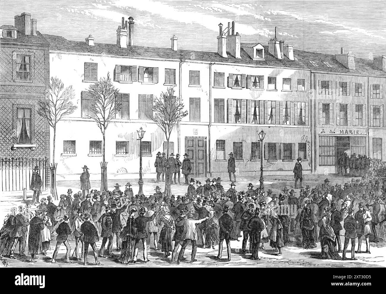 Casa del principe Pierre Bonaparte ad Auteuil, Parigi, 1870. 'La disastrosa e scandalosa vicenda dell'uccisione di M. Victor Noir da parte del principe Pierre Bonaparte, cugino dell'imperatore Napoleone III. Questo atto di omicidio... è stato commesso... nella casa privata del principe, n. 59, Rue d'Auteuil...il Principe...è stato engaged...in una feroce controversia con il Marsigliese [giornale]...gli insulti e le calunnie con cui [esso] aveva assalito tutta la famiglia dei Bonapartes sembrano averlo provocato a violente espressioni di rabbia e disprezzo...la dichiarazione di M. de Fonvielle è che lui e M. Victo Foto Stock