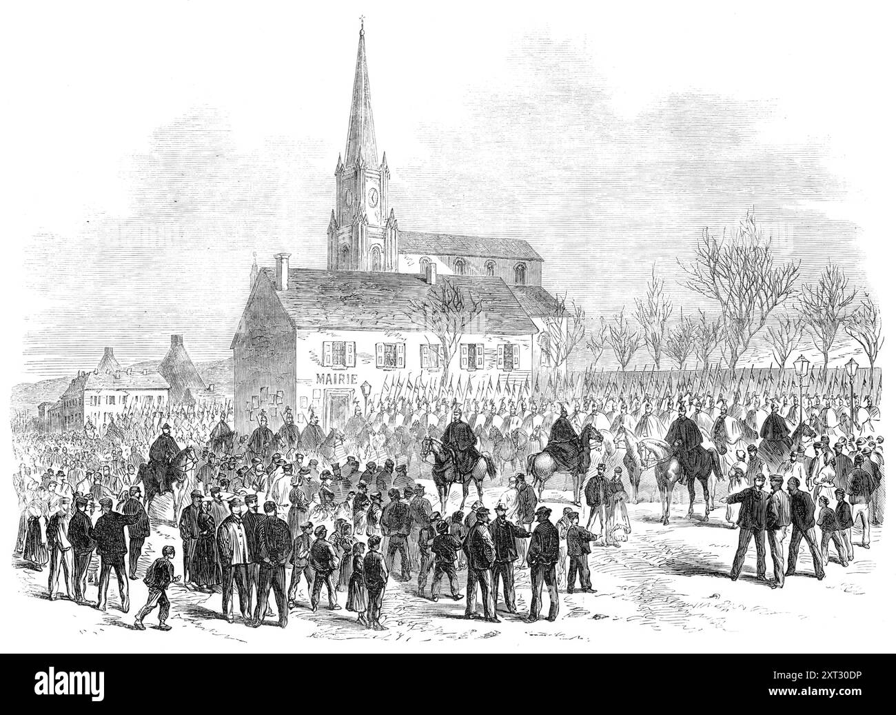 Lo sciopero alle Creuzot Ironworks: Arrivo dei Lancieri, 1870. Veduta di '...lo sciopero tra gli operai, dieci o undici mila in numero, impiegati nella grande fonderia di ferro e fabbrica di macchine dei signori Schneider and Company, a Creuzot [cioè le Creusot], in Borgogna. [La disputa è nata da disaccordi sulla gestione della cassa di risparmio dei lavoratori da parte della direzione.]...l'aspetto di questa vicenda è diventato così minaccioso che il sindaco di Creuzot, o il prefetto del Saone-et-Loire, ha telegrafato al governo per una forza militare, per prevenire violenza e spargimenti di sangue. L'arrivo di un reggimento Foto Stock