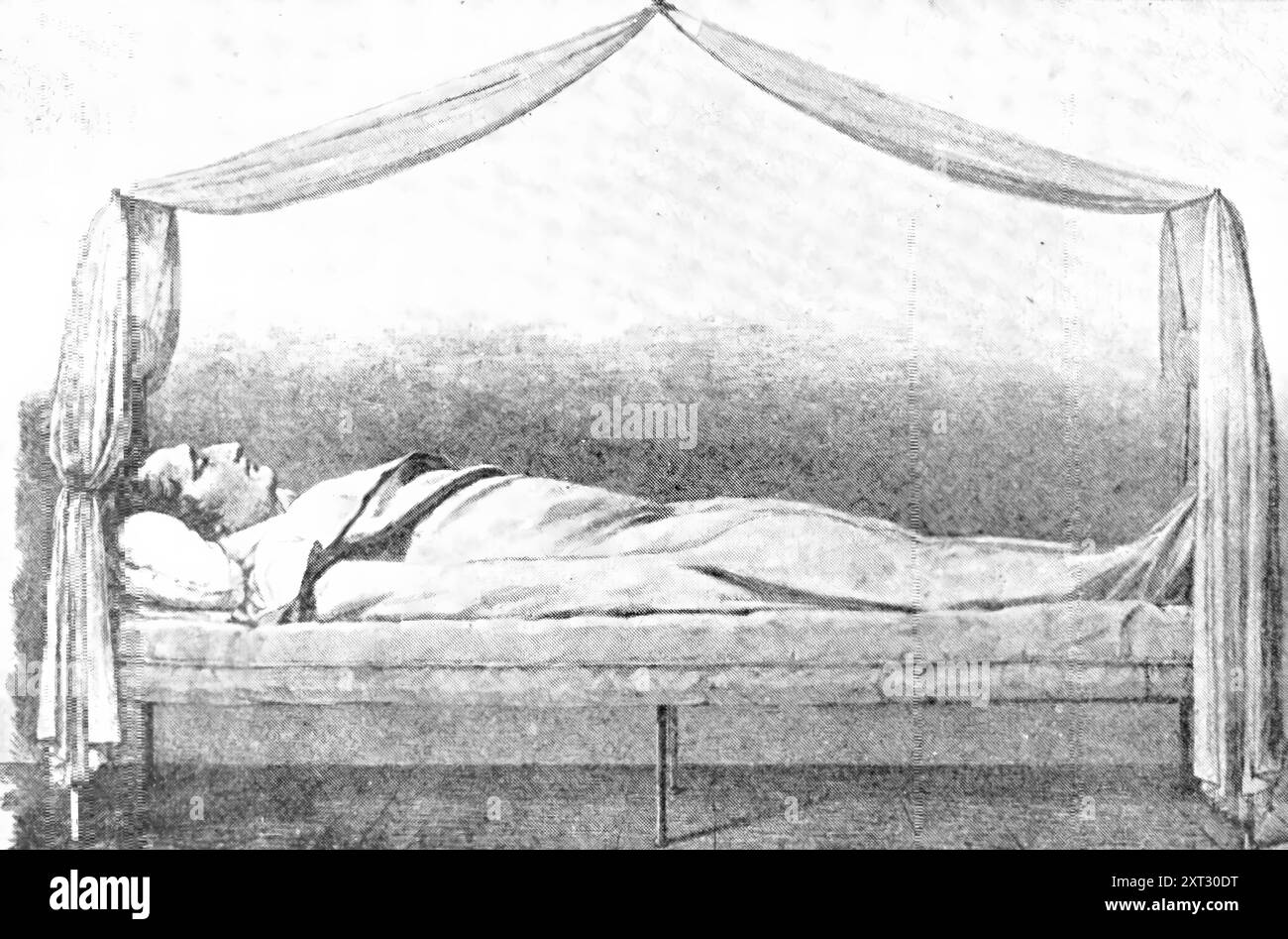 Il Leone morto: Il corpo di Napoleone a Longwood, 1909. Napoleone morì il 5 maggio 1821. Nel suo testamento scrisse: "Vorrei che le mie ceneri riposassero vicino alle rive della Senna, in mezzo al popolo francese che ho amato così tanto." Fu sepolto a Sant'Elena, ma nel 1840 i suoi resti furono portati a Parigi. Da un disegno fatto da un ufficiale inglese due ore dopo la sua morte". Da "Illustrated London News", 1909. Foto Stock