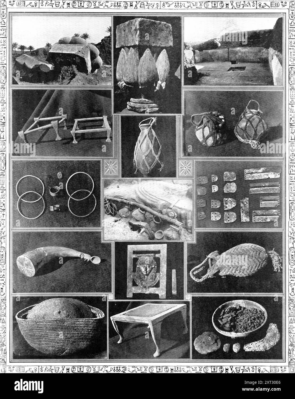 The Comforts of the Ancient Egyptian: Remarkable Discoveries by the British School of Archaeology in Egypt, 1909. 1) capitelli di colonne di palma di 50 piedi del Palazzo di Apries a Memphis (580 a.C.). 2. Una capitale calcarea sotto forma di gemme di loto rosa... scoperta nel Tempio del re Proteo (4300 a.C.). 3) la sala pavimentata in pietra e fiancheggiata del Palazzo di Apries. 4) i telai degli sgabelli in legno (1600 a.C.). 5., 6. e 12. Vasi di ceramica rossa in un'imbracatura annodata, dal cimitero di Tebe (1600 a.C.). 7) braccioli, orecchini in oro, uno scarabeo verde e un chiodo d'oro utilizzato come bottone, (1600 B Foto Stock